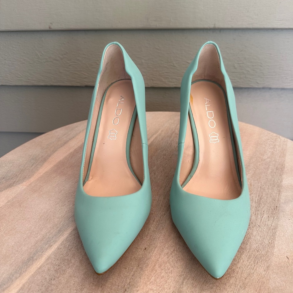 Aldo Mint Green Leather Pointed Toe Stiletto Pumps Scalloped Heel Womens 8 38.5 - Picture 13 of 13